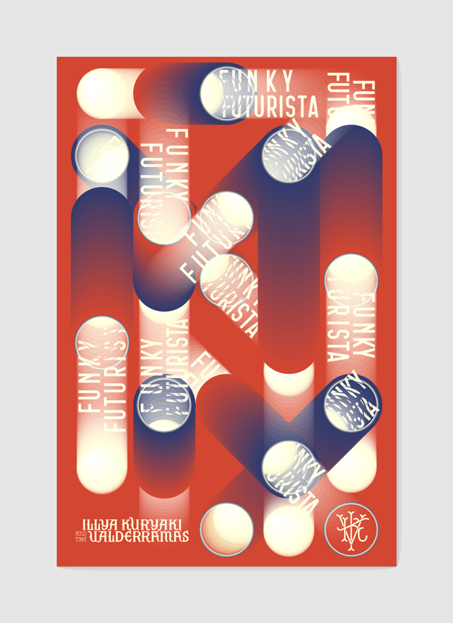 Illya Kuryaki and the Valderramas IKV funky futurista interpretacion grafica, poster, afiche, degradado, cilindro